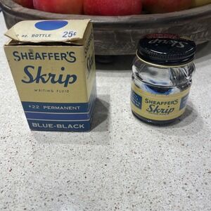 Vintage Fountain Pen Glass Ink Well Jar Box SHEAFFERs Skrip Permanent Blue Black